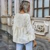Women's Spring Summer Casual Apricot Chiffon Blouse V Neck Fringed Cut-Flower Flare Long Sleeve Fashion Short Peplum Top
