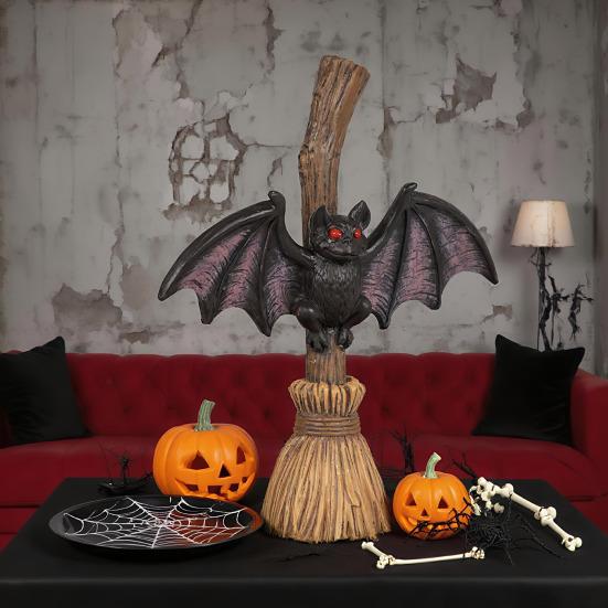 Halloween Broom Bat Figurine Resin Bat with Red Eyes Tabletop Decoration for Indoor Outdoor Home Patio Decor
