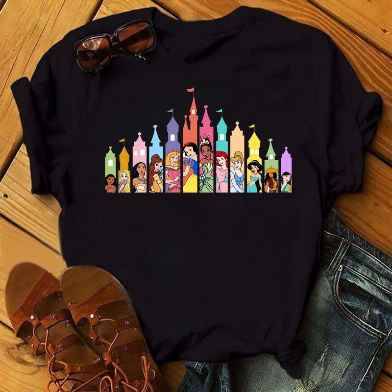 Funny Summer Disney Villains Printed Women T Shirts Round Neck Y2k Clothes Cartoon Graphic T Shirts 90s Female Tops Tees
