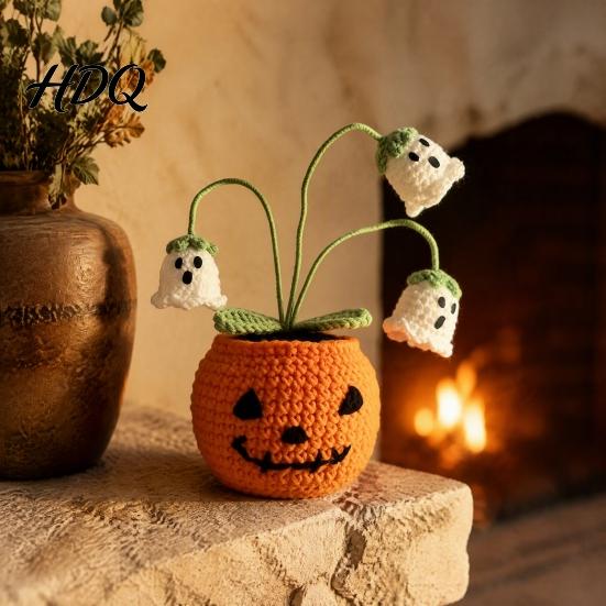 Halloween Knitted Ghost Ornament Handmade Crochet Pumpkin Pumpkin with Cute Bat Festive Home Accents for Flowers Planter Plant Tabletop Decoration