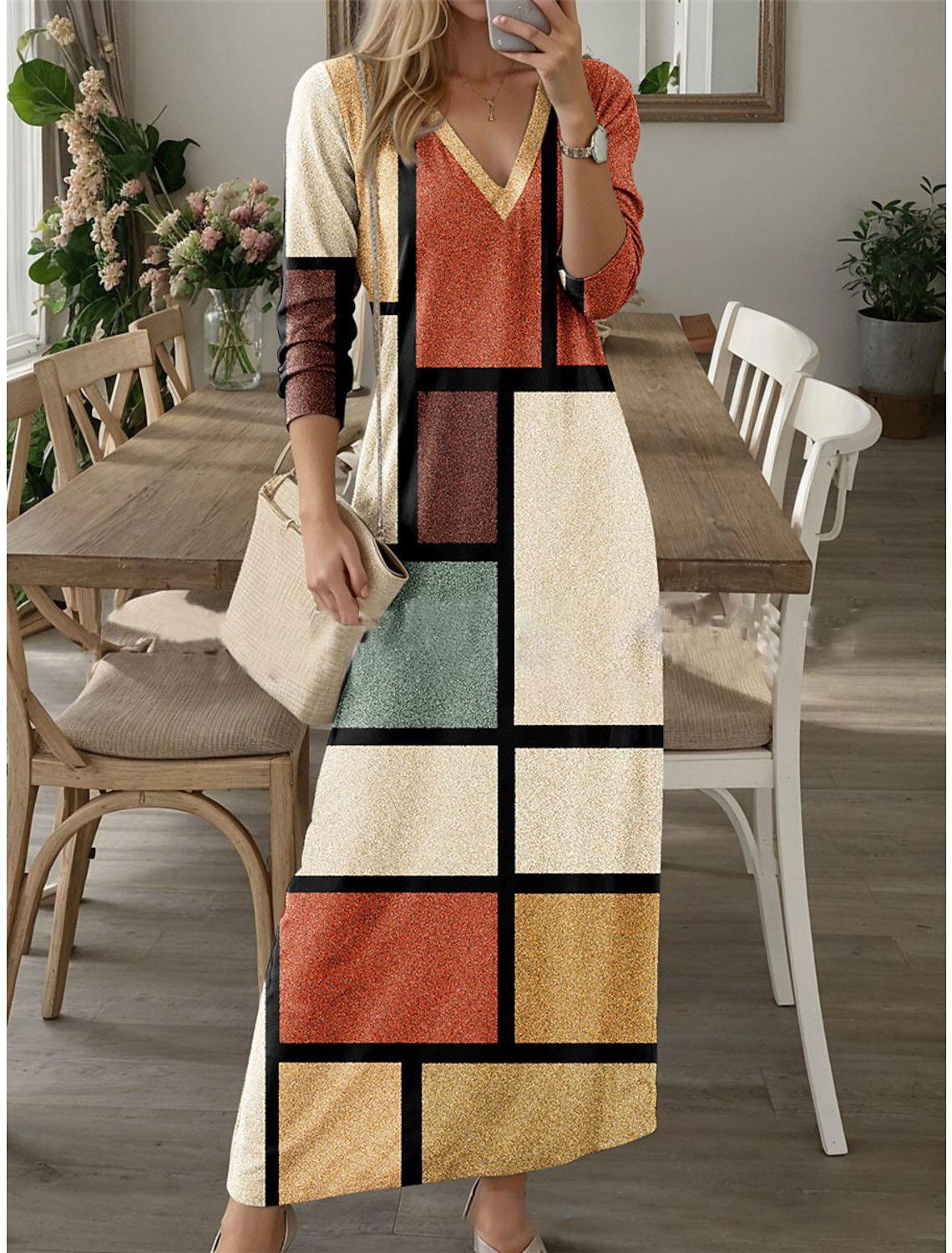 

Элегантное платье макси с V-образным вырезом и длинными рукавами, с принтом, цветочным/геометрическим/однотонным вышитым дизайном, А-силуэта, струящееся 5XL