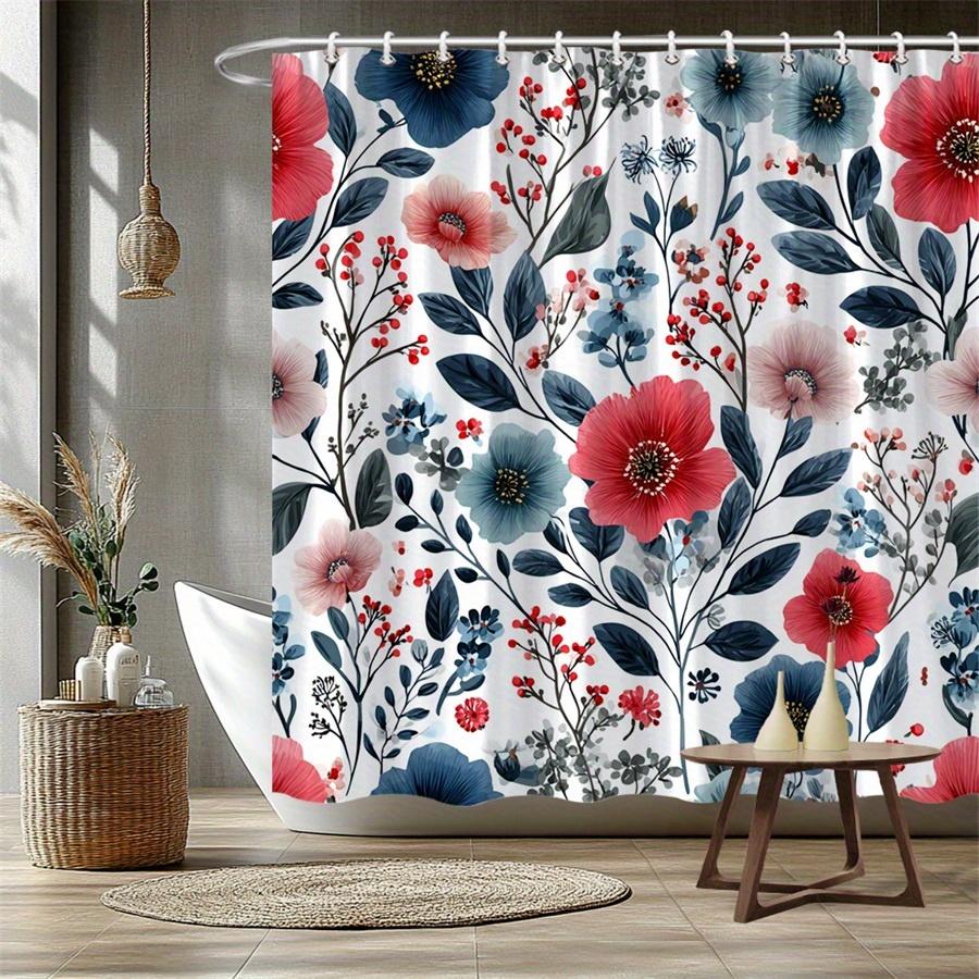 

1Pc Red And Blue Floral Patterned Shower Curtain With Hooks, Made Of Polyester Fabric, Suitable For Bathroom Dcor. W60H190(CM)-1 Pcs