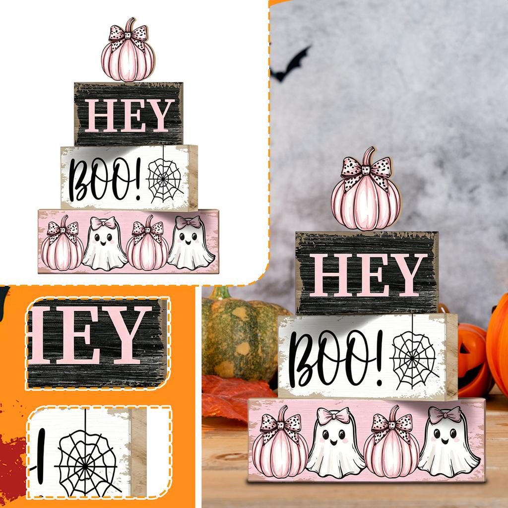Wooden Halloween Tabletop Decoration Stackable Blocks with Ghost Pumpkin Spider Web Design and Bow Accent for Seasonal Display