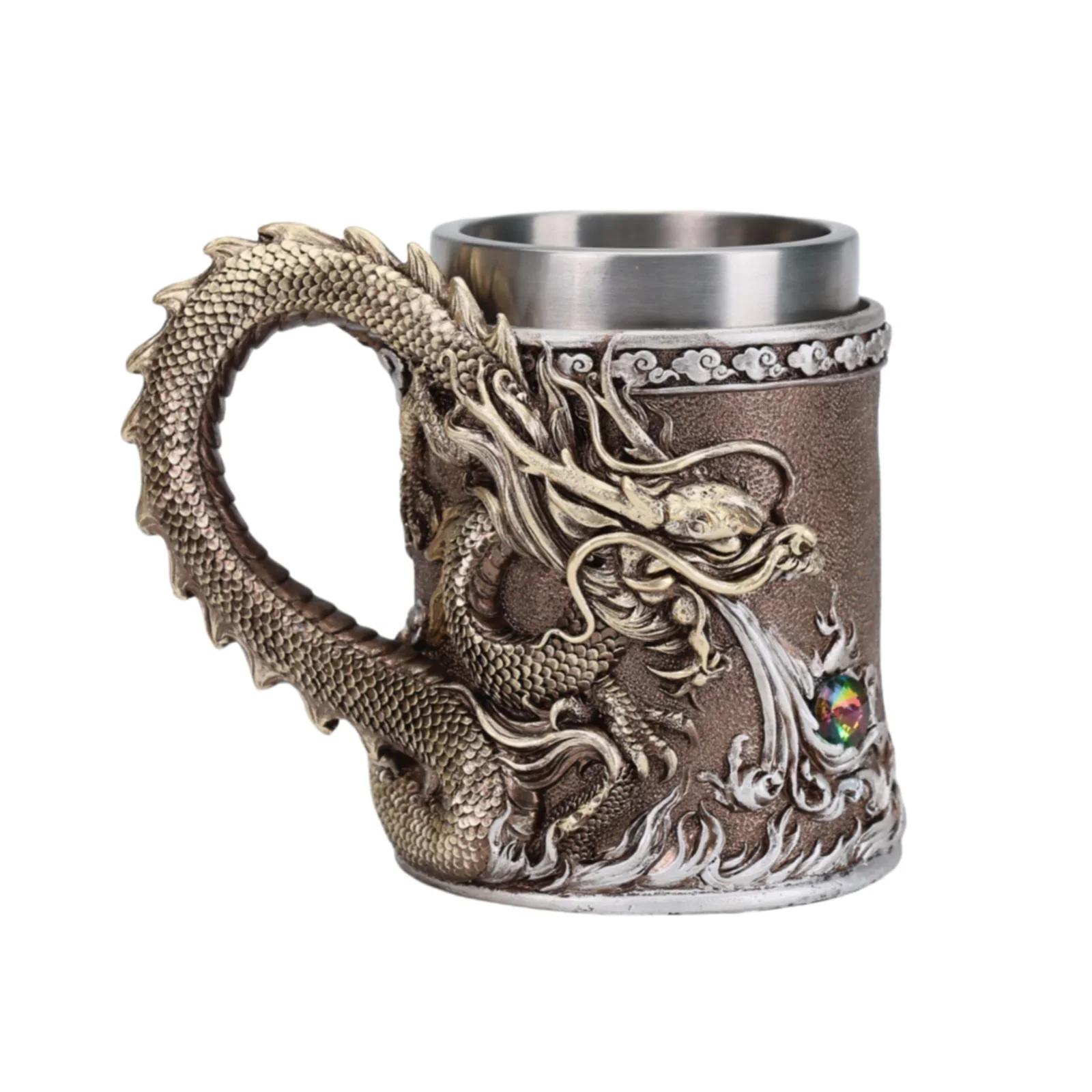 

450ML Golden Copper Dragon Beer Resin Tankard 304 Stainless Steel Medieval Tea Cup Coffee Beer Mug Copper Color New Party Bar 500ml медный