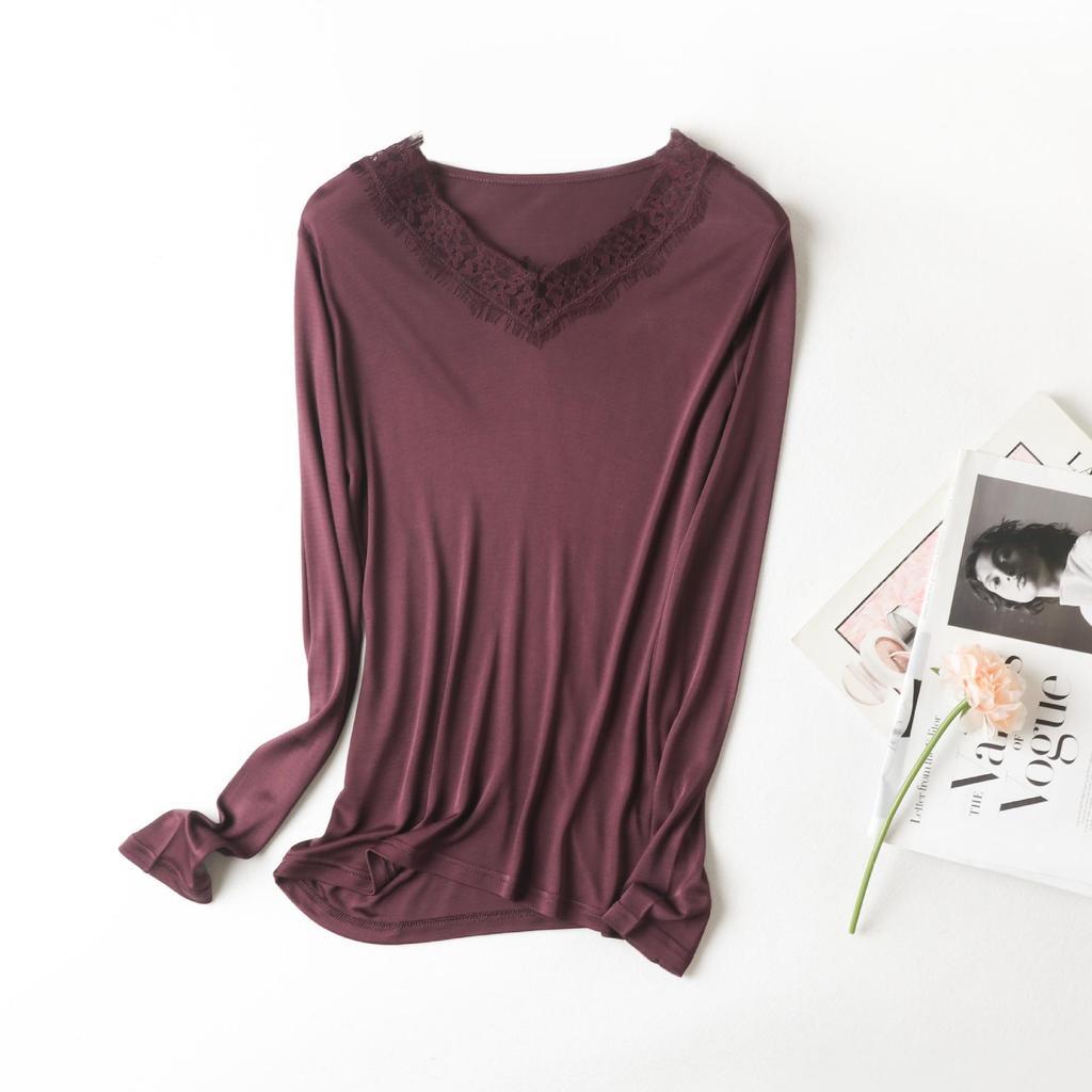 Yu Yue Women's V-Neck Silk Knit Long Sleeve Lace Trim Slim Fit Base Layer Top