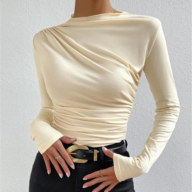 Semi High Neck European American Style Solid Color Slim Fit Base Layer Shirt Versatile Gather Detail Design Long Sleeve T Shirt Women Top
