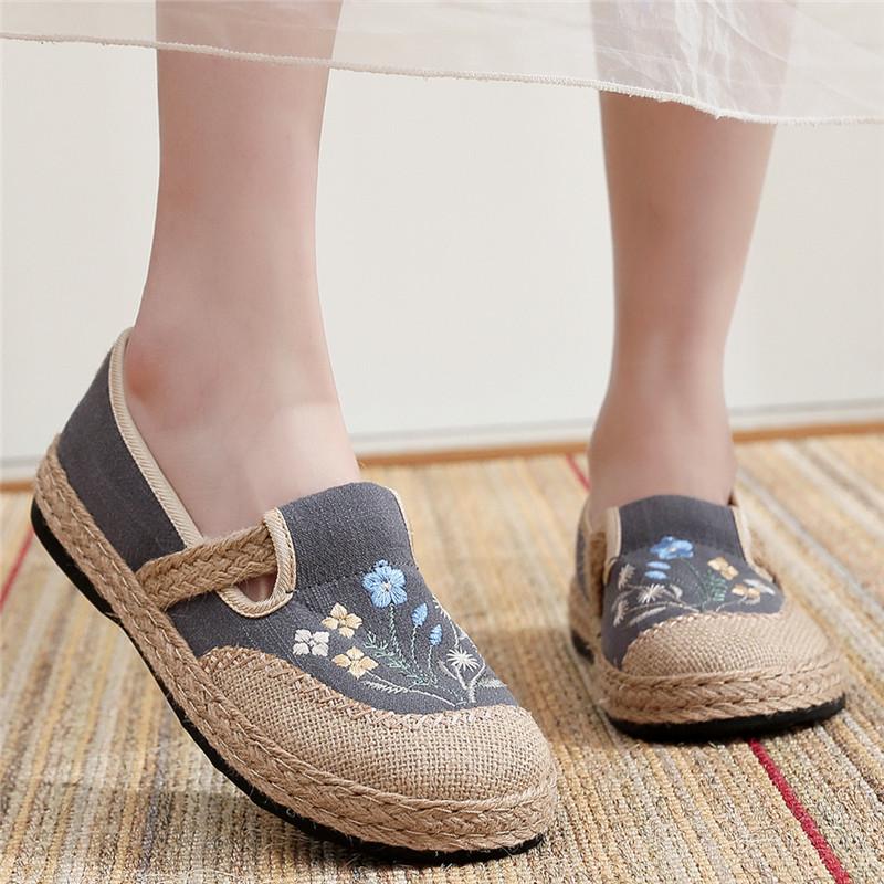 Boho Ethnic Floral Embroidery Canvas Loafers, Hand Stitched Jute Woven Sole Slip On Espadrille, Soft Insole Mother Shoes