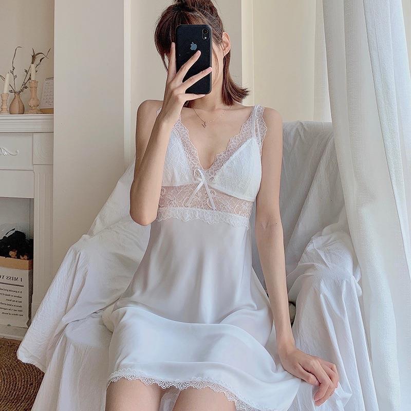 Pajamas women's spring and summer ice silk thin suspender medium and long nightdress sexy lace nightgown loungewear set