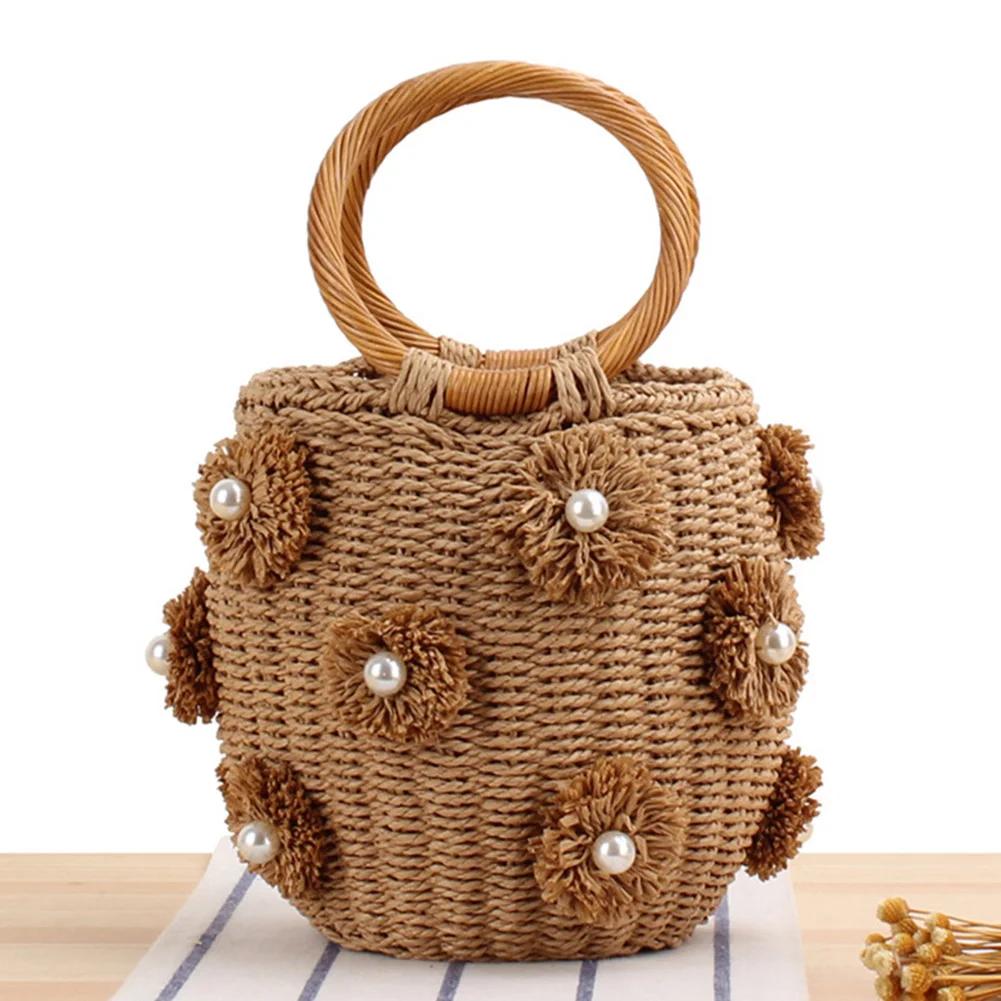 Women Straw Tote Handbag with Pearls Handmade Woven Bag Drawstring Wrist Purse Summer Holiday Beach Bag