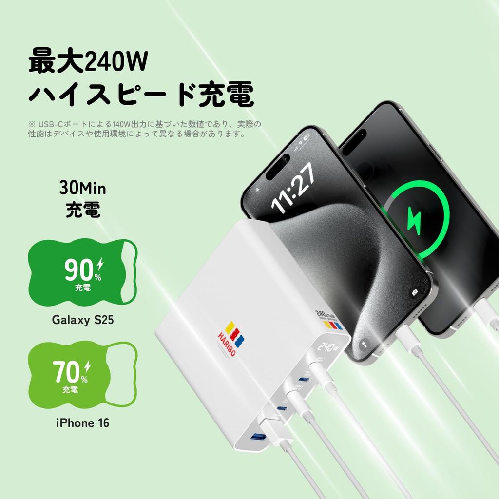 Haribo 240W GaN Charging 6 Ports x 2 x PD QC for Consoles Station, (4 USB-C / USB-A), 3.1 (140W) & 5.0 Compatible,