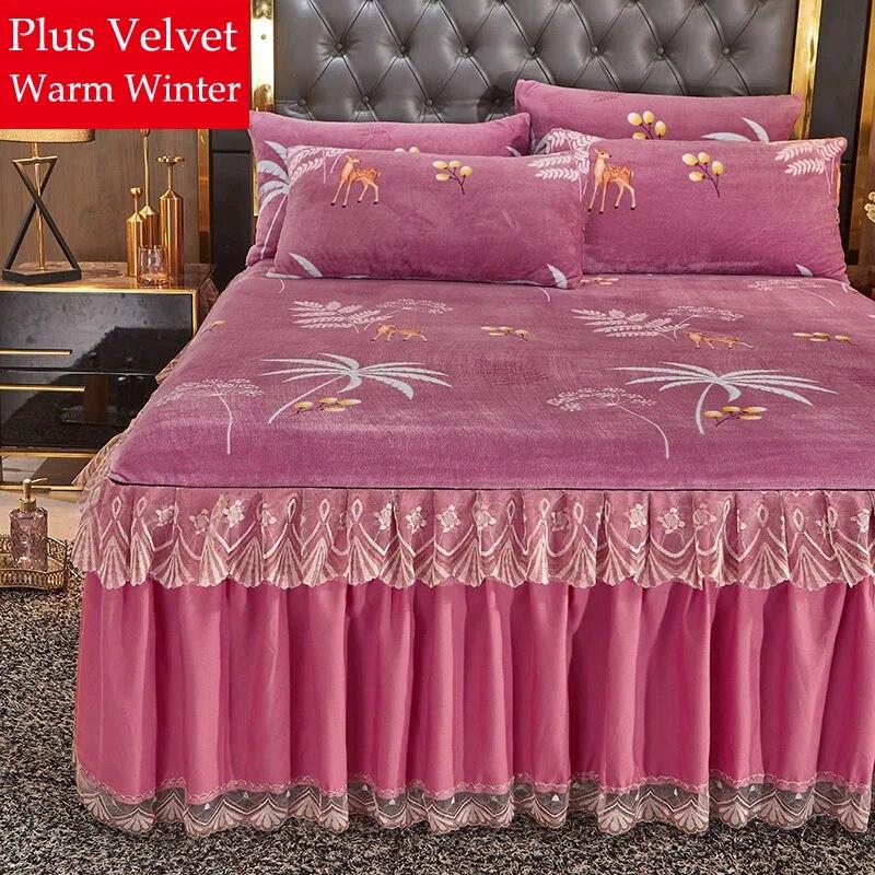 Warm Bed Skirt Crystal Velvet Thickened Bedspread Three Piece Set Flannel Bed Linens King Queen Size with Pillowcases