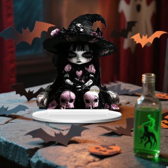 Halloween Ghost Witch Table Sign with Base 2D Flat Acrylic Spooky Female Ghost Decoration Holiday Party Home Office Desktop Ornament
