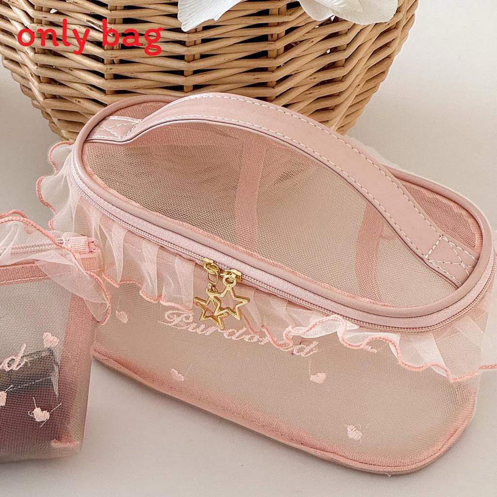Stylish Ocean Blue Mesh Cosmetic Bag For Girls With Embroidery And Breathable Design