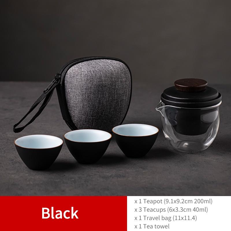 

200ml Portable Tea Set Storage Bag Ceramic Quick Tea Cup One Pot Three Cups Tea Brewing Pot чёрный