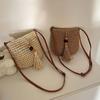 Pu Leather Weave Straw Crossbody Bag Wood Bead Tassels Beach Bag Fashion Raffia Bag  Shopping