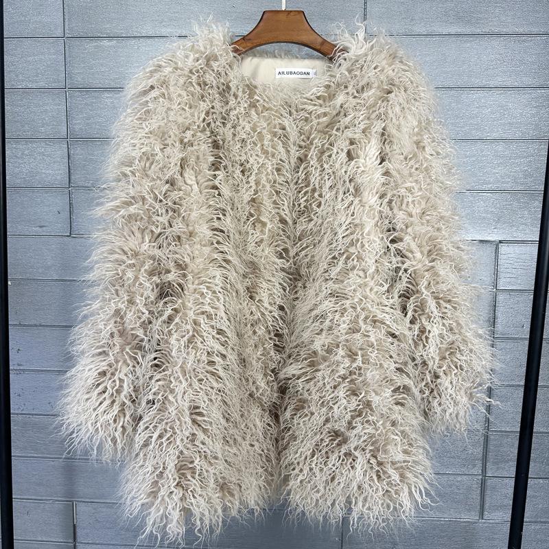 Korean Style Women's Tan Faux Lamb Wool Mid-Length Coat