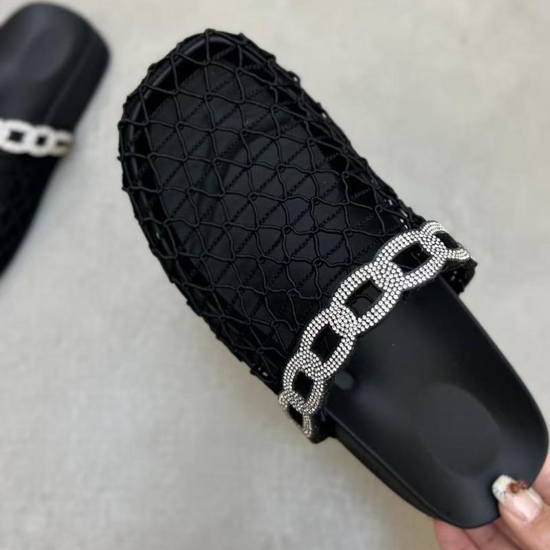 Summer new outer wear hollow woven breathable bag head half slippers women's flat bottom rhinestone cool slippers fishing net shoes
