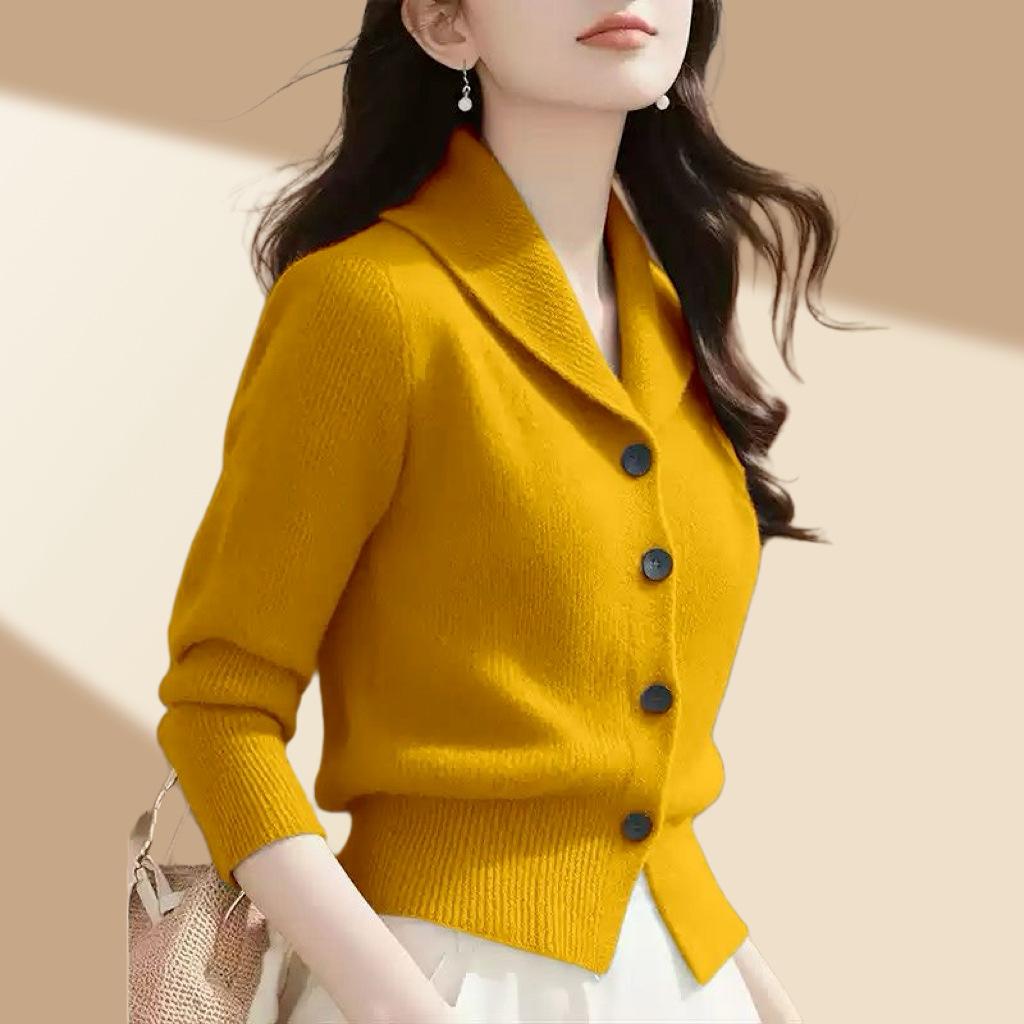 Women's Sweater, Fashionable, Exquisite, and Elegant Solid Color Lapel Long Sleeve Cardigan, Women's Autumn/Winter Long Sleeve Top