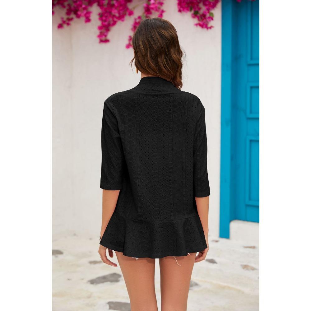 Neue einfarbige Strickjacke für den Sommer mit Dreiviertelärmeln und Oberteil mit Rüschenrand für Damen