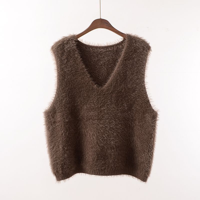 

Однотонный жилет из искусственного норкового флиса, вязаный жилет без рукавов с широким воротником для женщин, новый весенний, толстый XL темно-коричневого