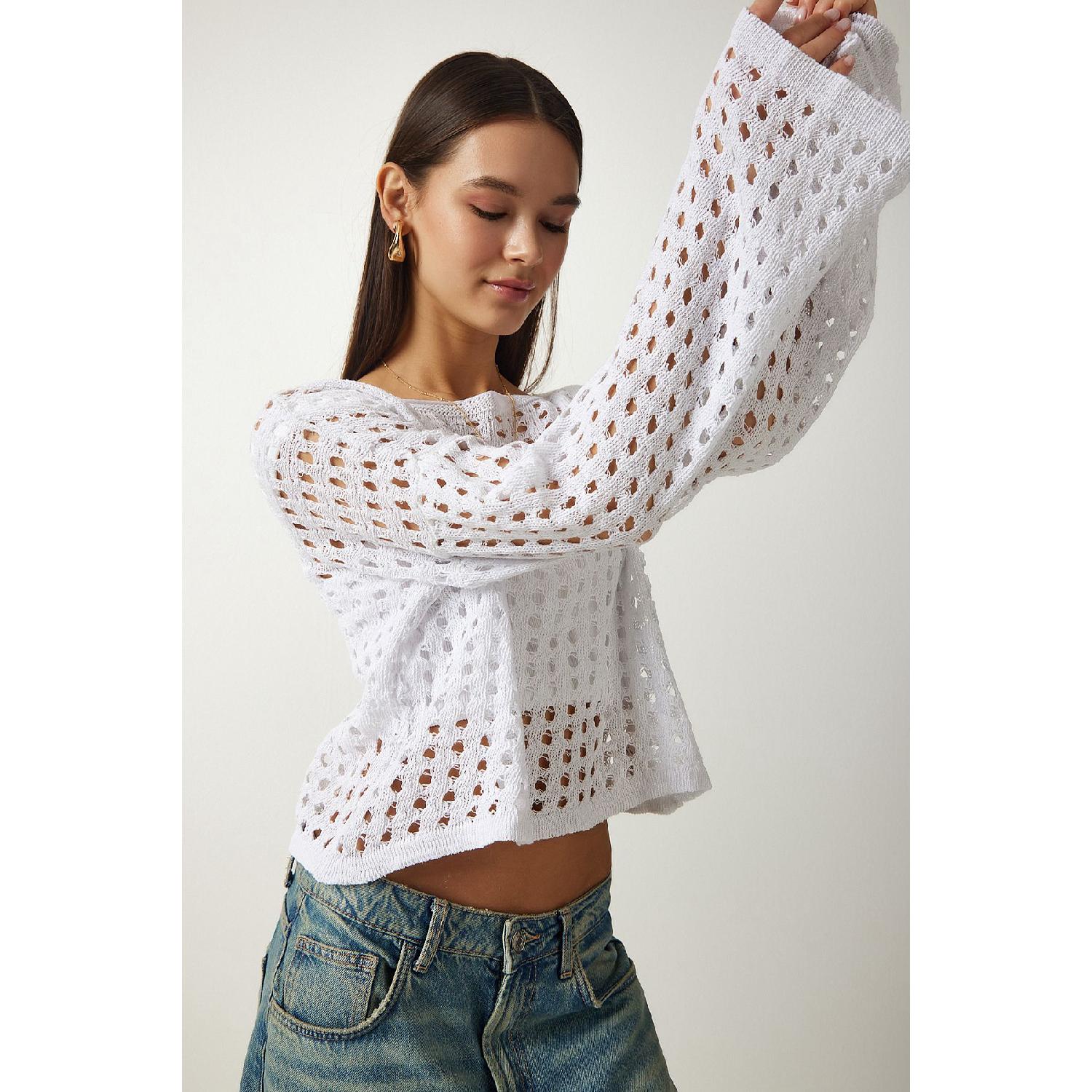 

Women s White Openwork Crop Knitwear Sweater As00027 Standart білий