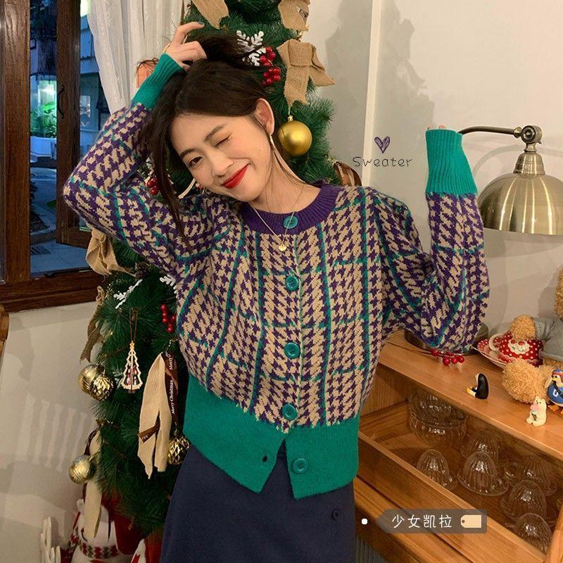 

Short-style Houndstooth Sweater Coat Women s Autumn Winter Hong Kong Style Vintage Chic Slim Unique Knitted Cardigan Top S фіолетовий