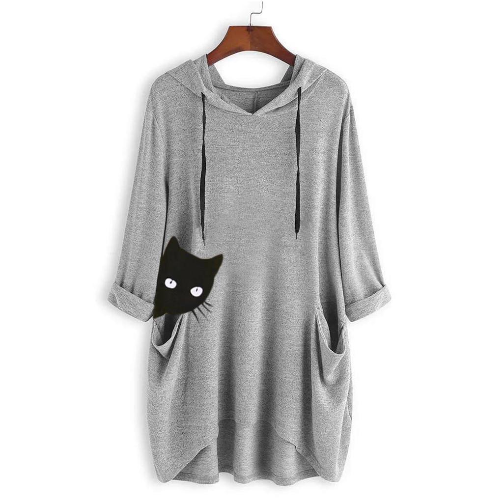Dámské ležérní potisk kočičí ucho s kapucí s dlouhým rukávem, kapsa, nepravidelný top halenka