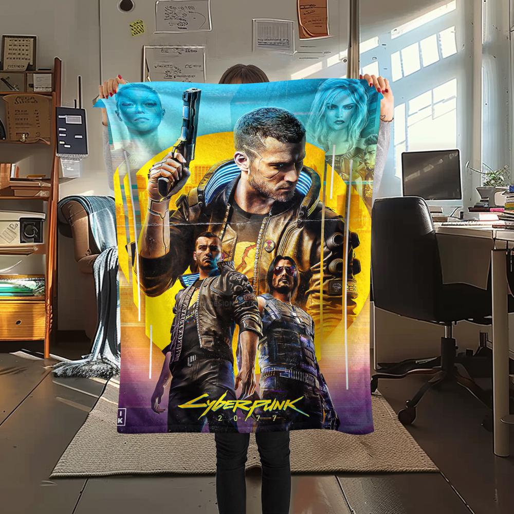 1Pc Cyberpunk Print Flannel Blanket, High quality Comfortable for All Seasons, Home Decor, Warmth and Comfort, Perfect for Christmas Gifts