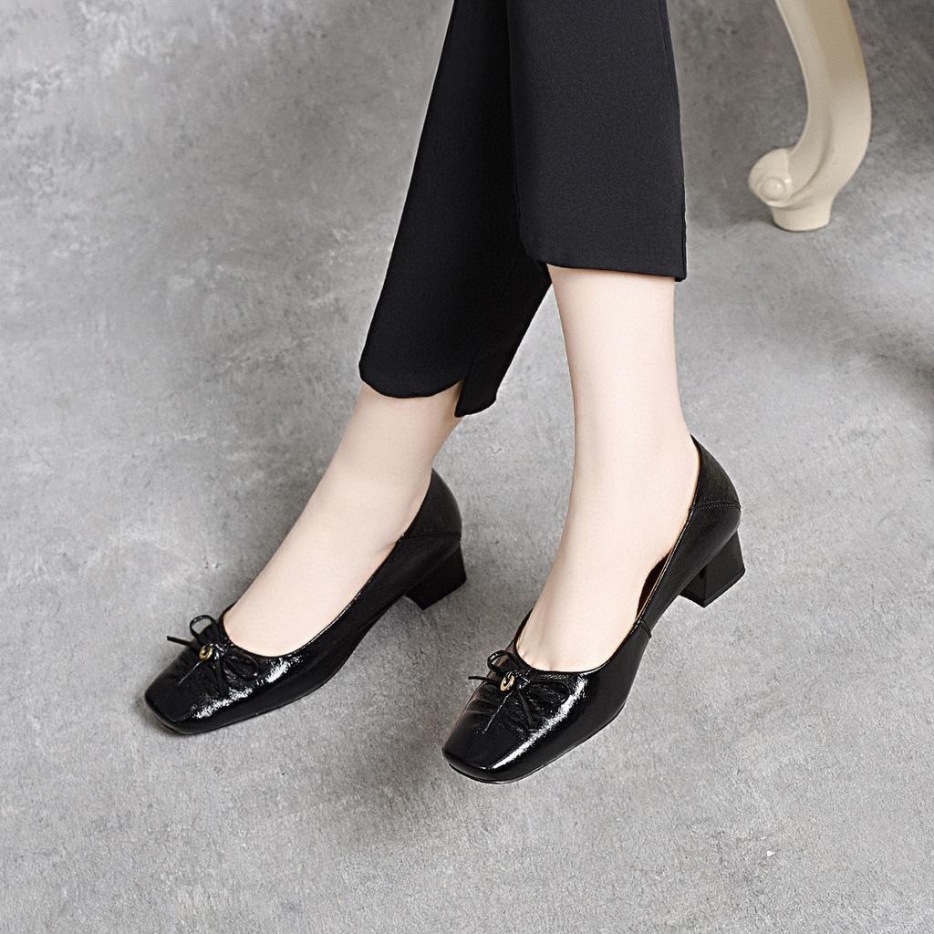 Bow Light Mouth Single Shoes Simple Temperament New Middle Heel Women's Shoes First Layer Cowhide Four Seasons Small Leather Shoes