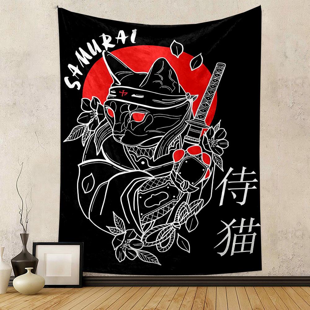 Samurai Cat Tapestry Wall Hanging, Japanese Warrior Feline, Wall Decor for Bedroom Living Room Dorm