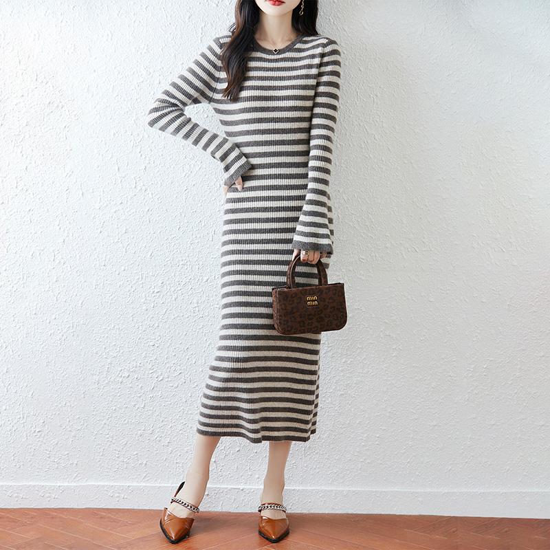 Women Sweater Dress 100% Wool MODERN NEW SAGA O-neck Striped Knit Long Pullover Winter Jumpers Wool Long Dress Female