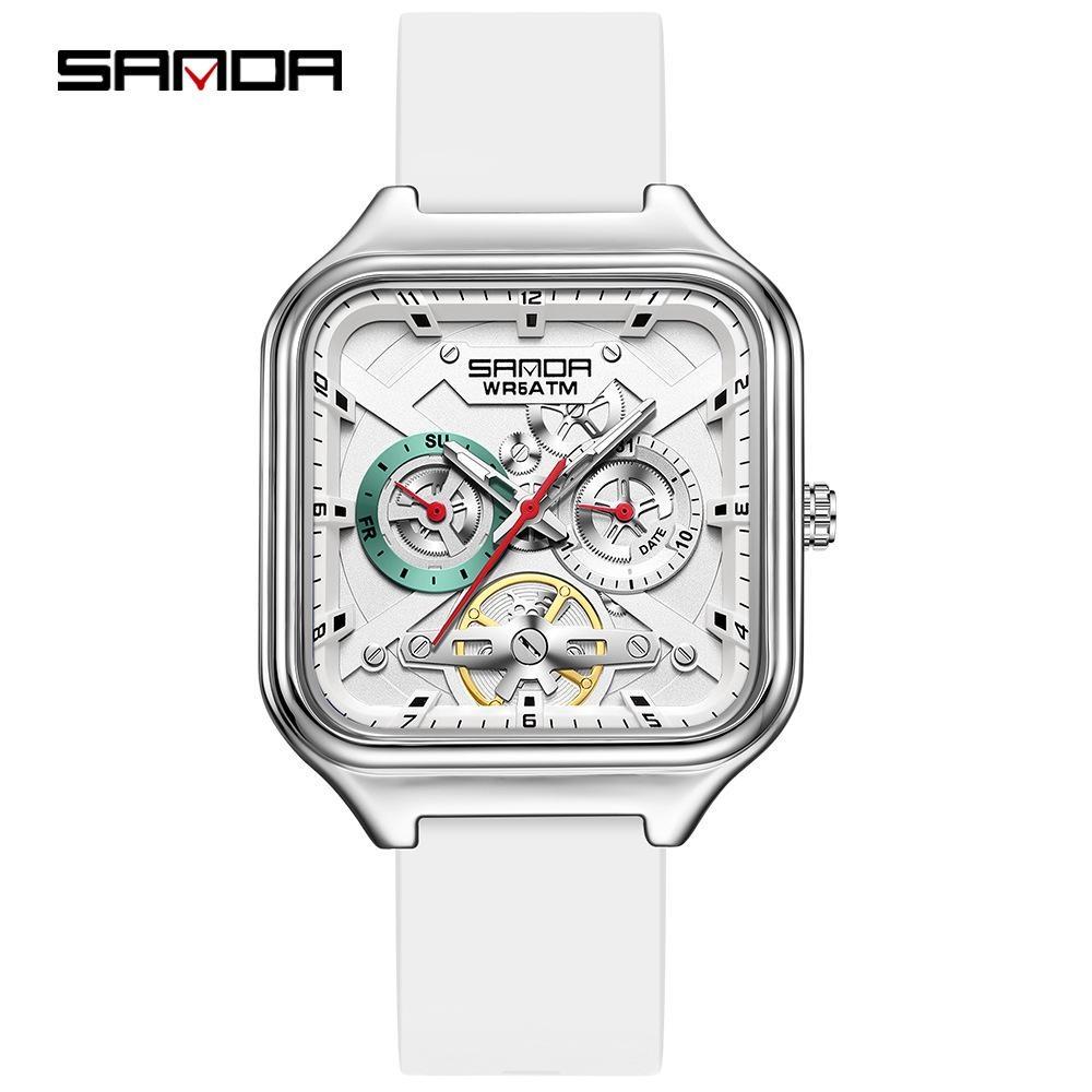 Luxury Men's Quartz Watch Fashion Square Case Week Date Display Waterproof with Silicone/Mesh Band Casual Wristwatch for Men