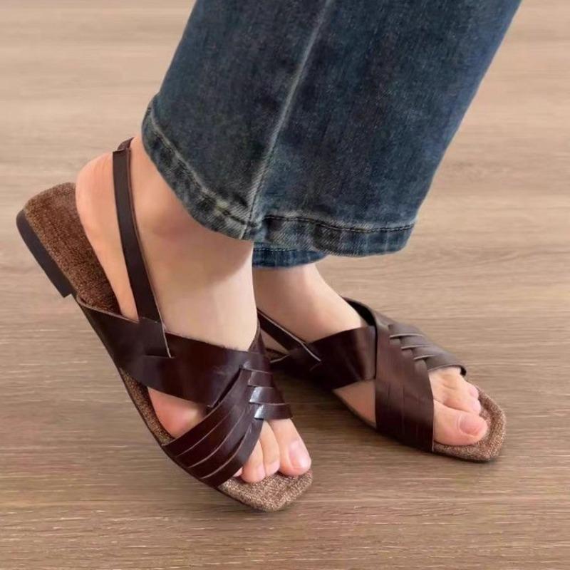 

Fashion Cross Strap Flats Women s Summer New Vintage Vacation Casual Square Toe Open Toe Non-slip Block Heel Sandals 35 коричневый