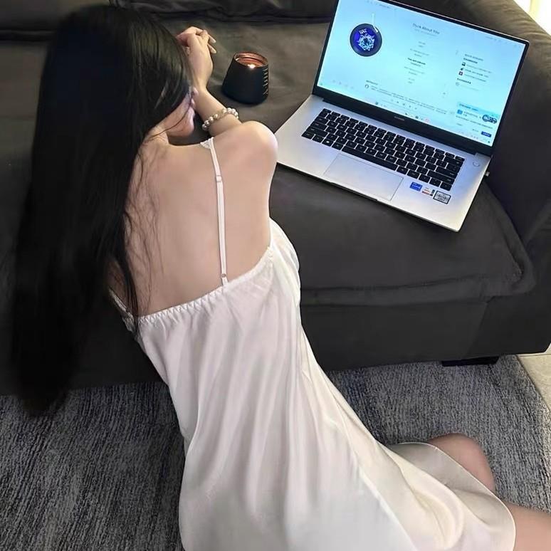 Sexy pajamas women's summer thin satin ice silk suspender nightdress pure desire wind with chest pad loungewear