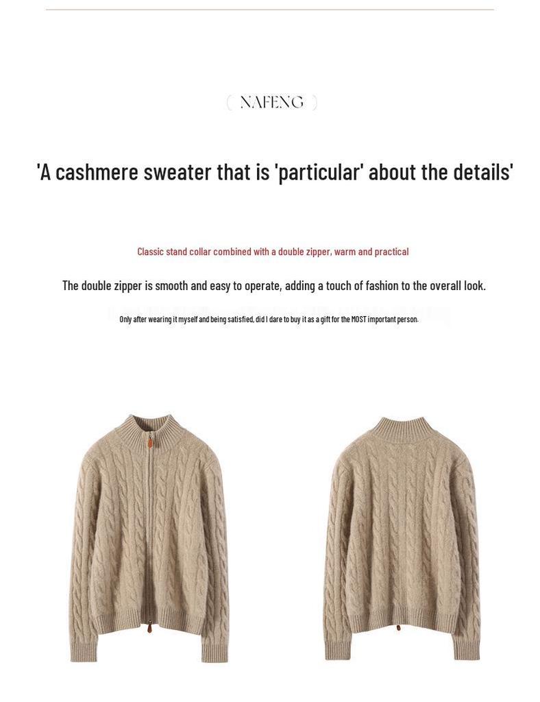 Women's Luxury Heavy-Duty Cable Knit Cashmere Cardigan, High Neck, Double Zipper, Loose Fit, Slimming, Thick Sweater Coat