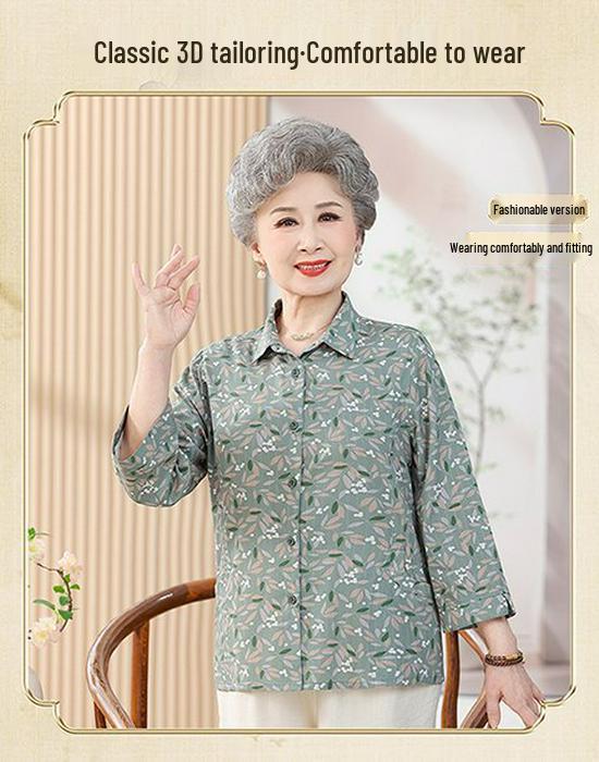 Women's Floral Pure Cotton Long-Sleeve Shirt for Elderly, Perfect for Spring & Autumn