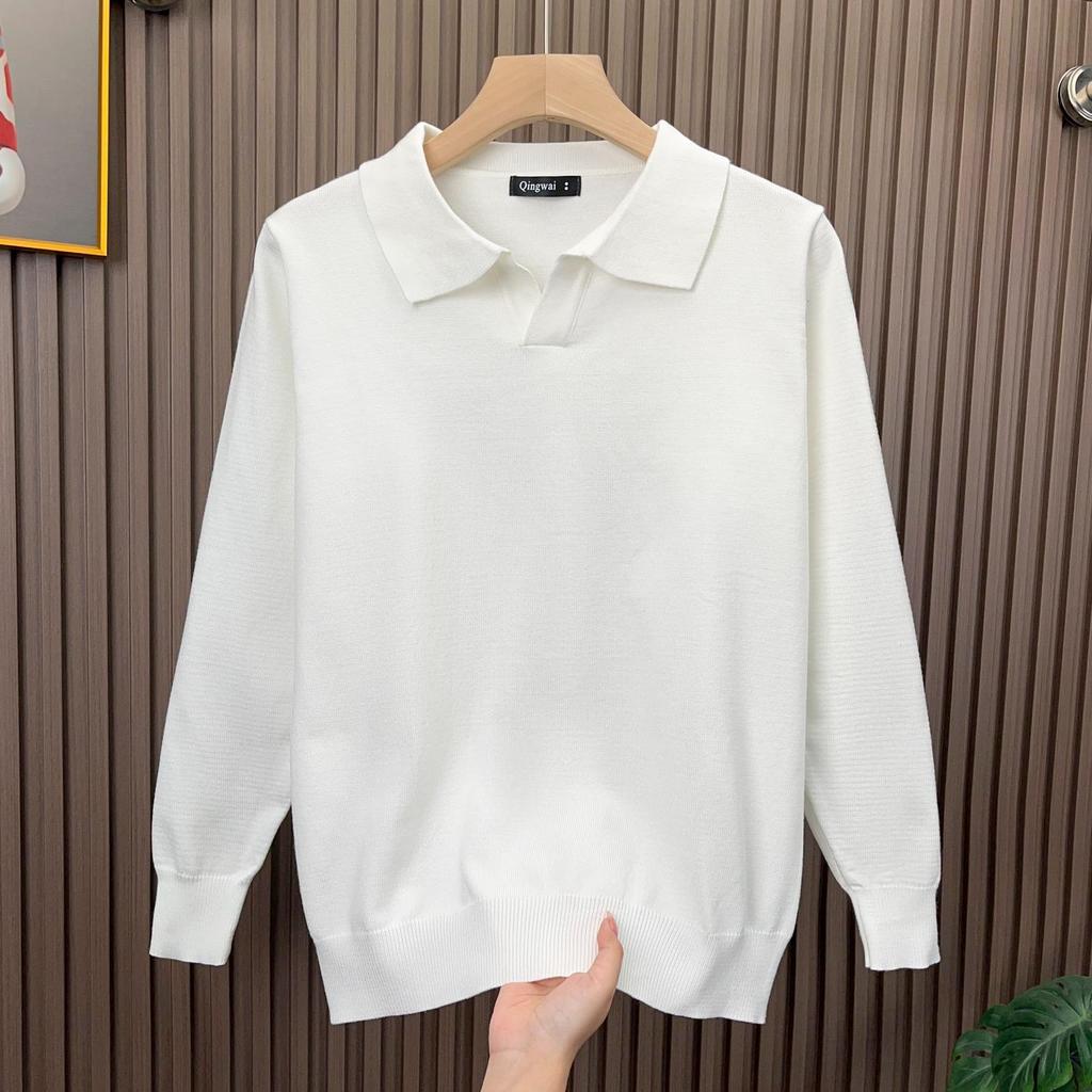 Men's Fine Knit Lapel Polo Sweater: Cozy, Skin-Friendly, Long Sleeve, Trendy, Loose Fit, High-End Feel.