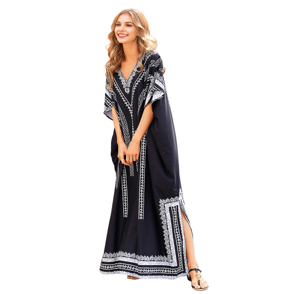 Bikini Cover Up Dress V-Neck Short Sleeve Loose Fit Robe Beach Sun Top Ethnic Style Pattern Side Slit Long Beach Dress