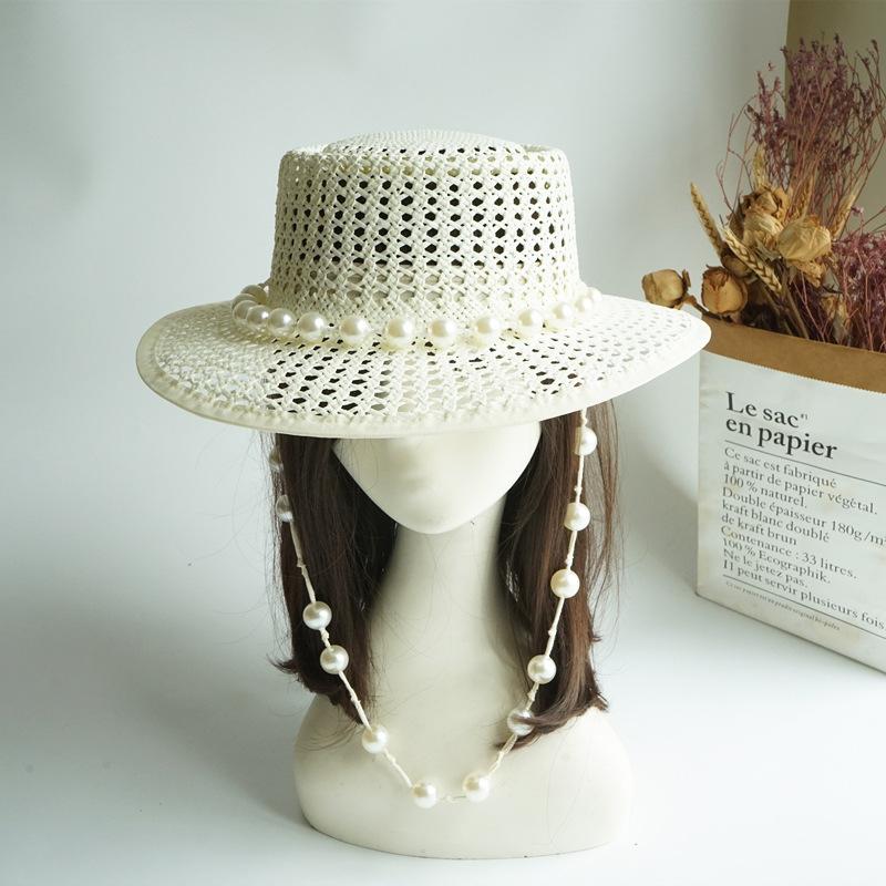 Foreign Trade Export Hand-Woven Black White Panama Flat Top Top Hat Women'S Summer Vacation Beach Straw Hat Travel
