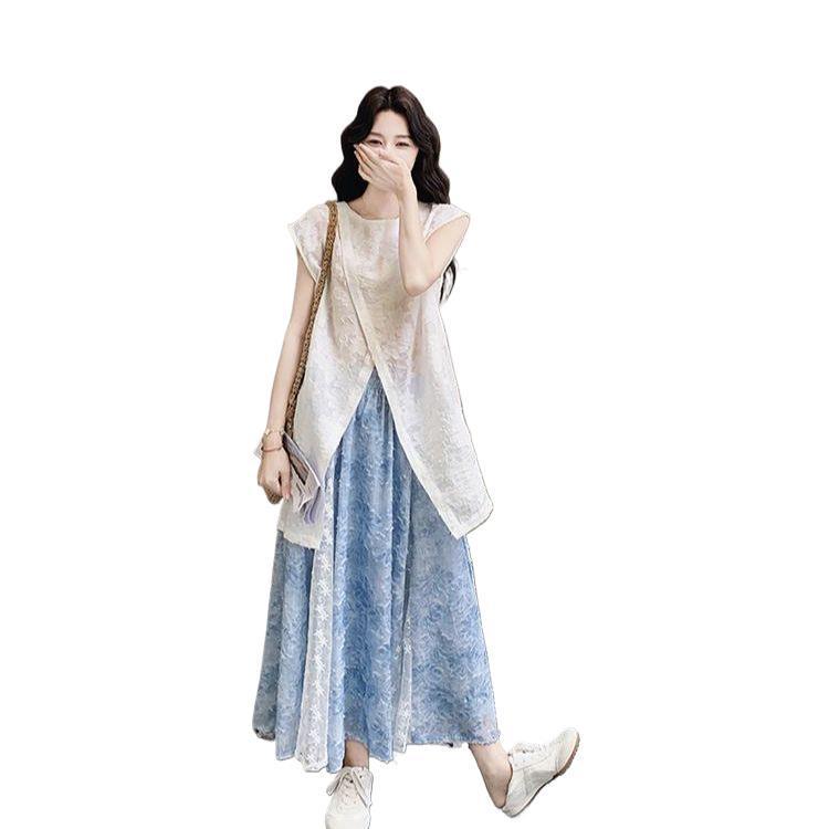Elegant Lace Splicing Sleeveless Top and Skirt Set for Women - Summer 2026 Collection