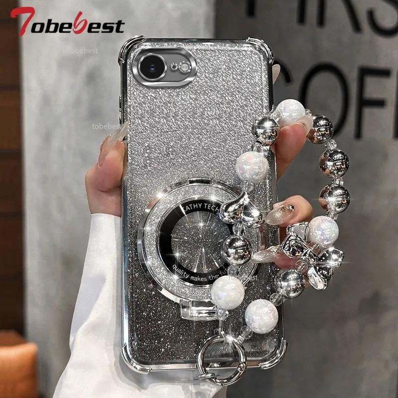 Shockproof Glitter Plating Case For iPhone 16E 2025 16 15 14 Plus 13 12 11 Pro Max Fundas Magsafe Bracket Bead Bracelet Cover
