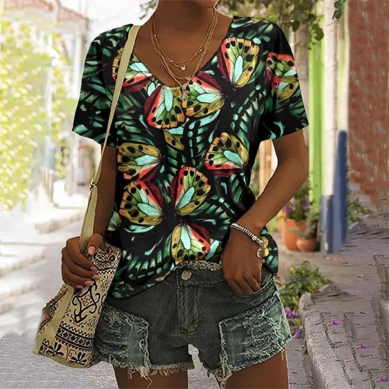 Summer V-neck 3D Flower Butterfly Printed Top Fashionable Casual Short Sleeved Women's T-shirts