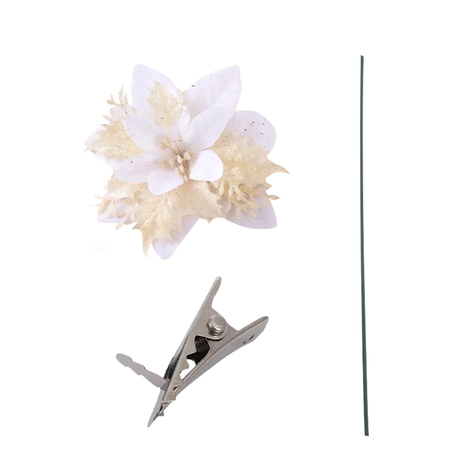 

Glitter Poinsettia 5.5 Inch Artificial Flower Christmas Clip Stem Christmas Tree Ornaments For Wedding Party Wreath Decoration S белый