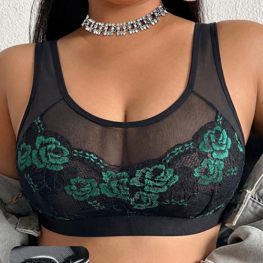 Große Größen BH Sexy Spitze Drahtloser BH Ohne Polster Hakenlos Durchsichtiges Netz Transparenter BH