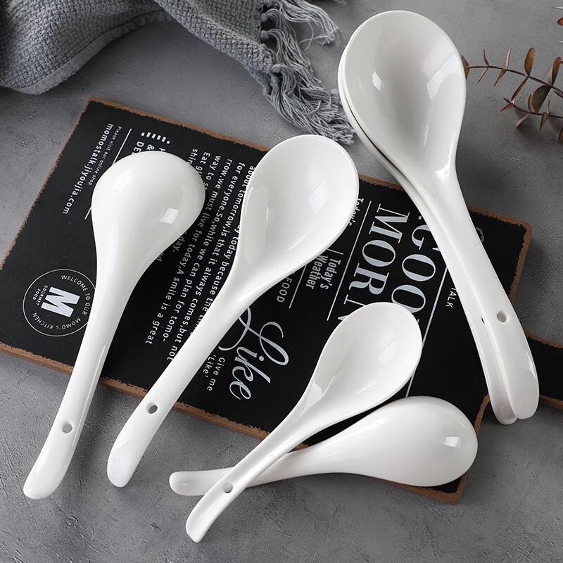 Ruhan Pure White Long-Handle Ceramic Large Soup Spoon
