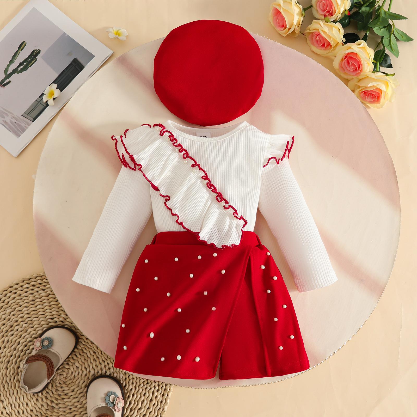 Baby Girl Fashion Lotus Leaf Side Length Sleeve Top Half Skirt Beret Three Piece Set Nail Bead Skirt Set 6-9M