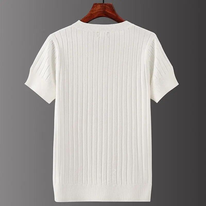 Kurzarm-T-Shirts für Herren mit V-Ausschnitt, lässiges Strick- und Streifen-Oberteil, alltagstauglicher Pullover in Volltonfarbe, weiches, schmal geschnittenes, atmungsaktives T-Shirt