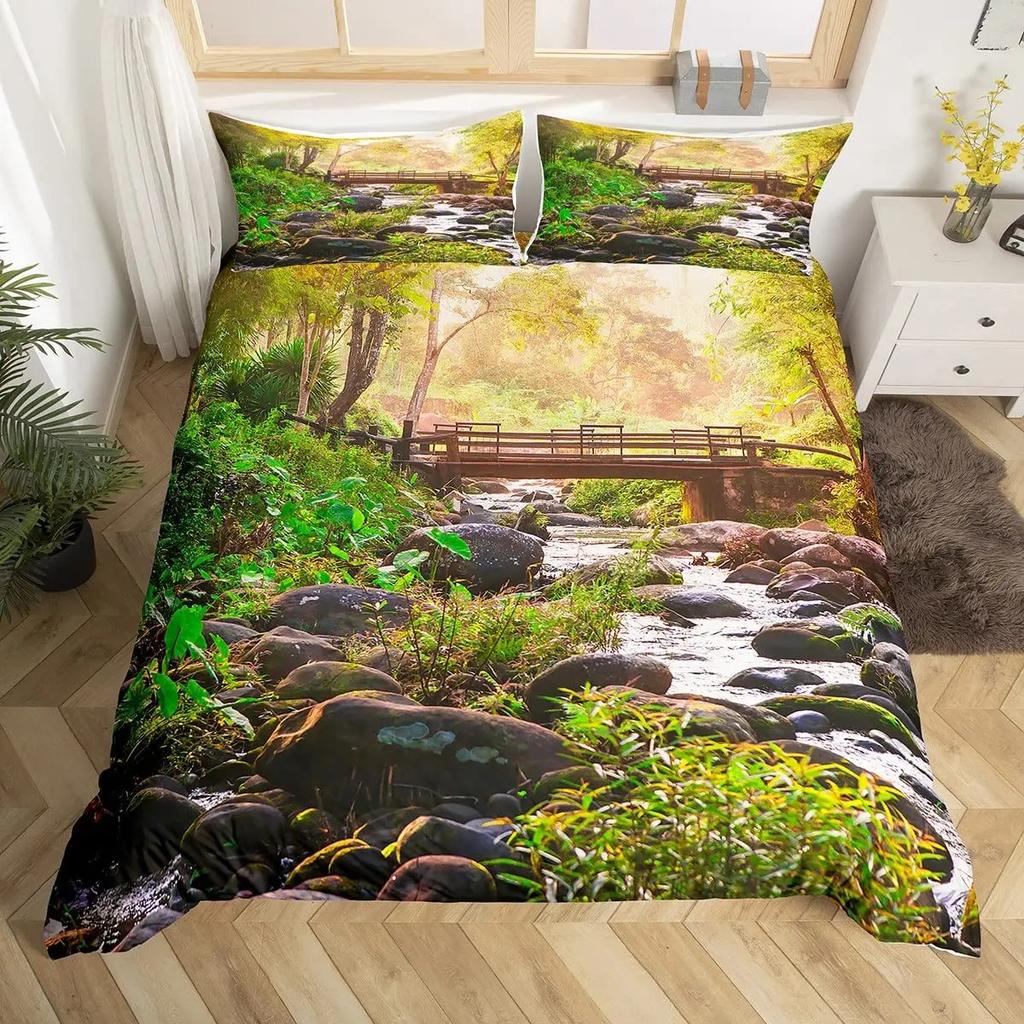 Nature Landscape Duvet Cover Sunset Comforter Cover Lake Landscape Bedding Set Polyester Spring Flower Bedspread Cover King Size