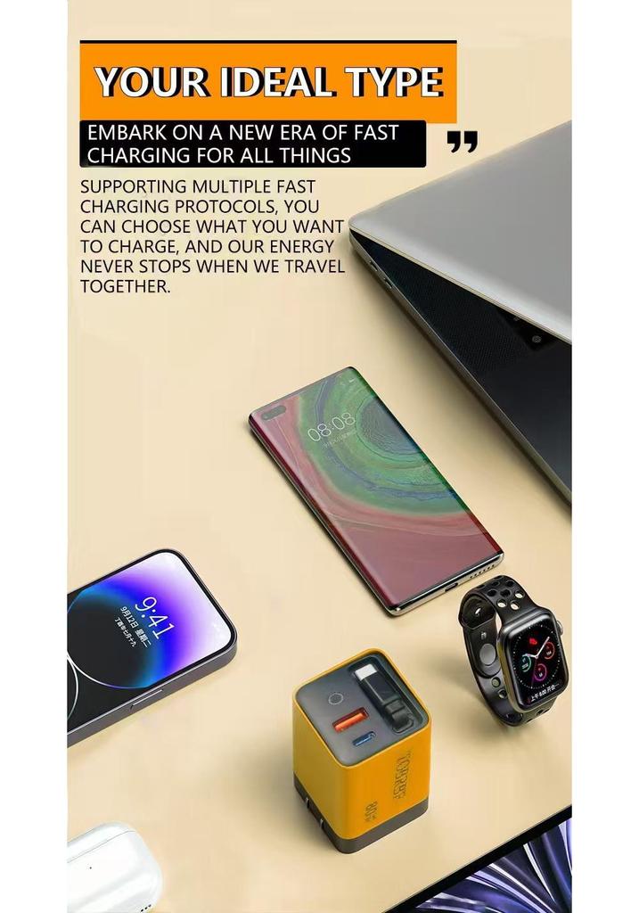 Dual Port Foldable GaN Charger with Retractable Cable for Fast Charging Apple, Huawei, Xiaomi Devices