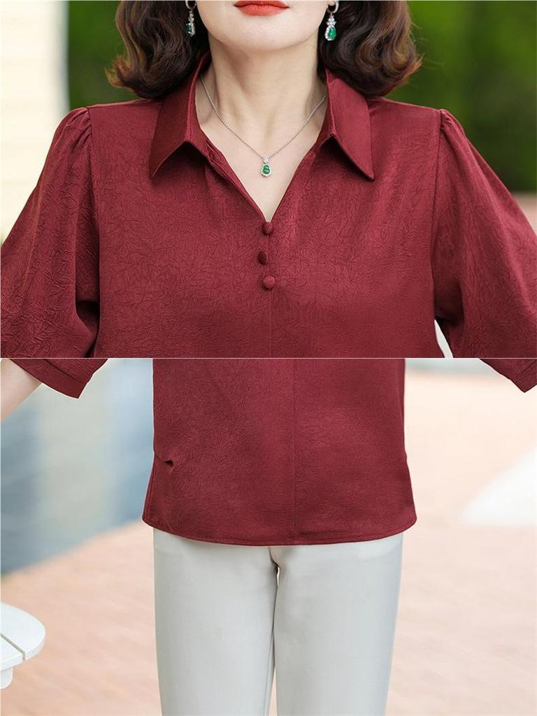Stylowa koszula z siedmioma rękawami i kołnierzykiem na lato 2026 dla kobiet w średnim i starszym wieku - Opcje w rozmiarach Plus Size